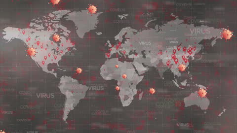 Global Pandemic Impact on World Map with Virus Cells