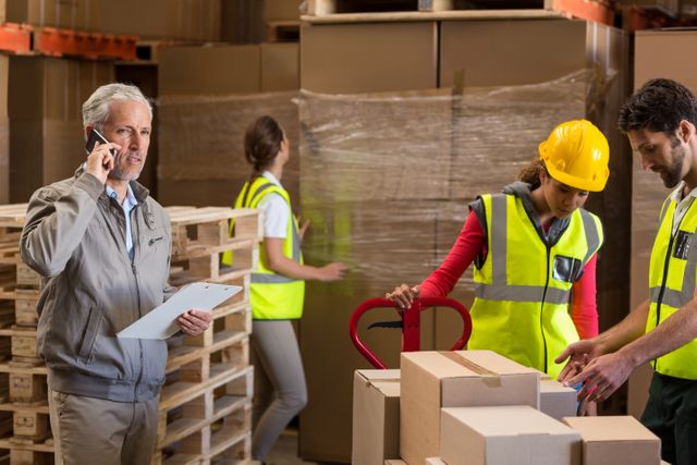 Warehouse manager overseeing workers preparing shipment. Workers wearing safety vests and hard hat handling boxes and pallets. Ideal for illustrating logistics, inventory management, teamwork, and industrial operations.