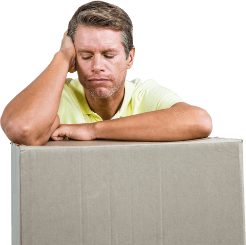 Transparent background sad man leaning on box