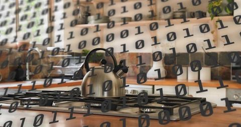 Steaming stainless kettle on gas stove with binary overlay representing smart kitchen IoT