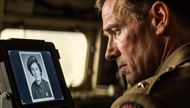 Military officer studying vintage portrait on aircraft monitor, emotional close-up