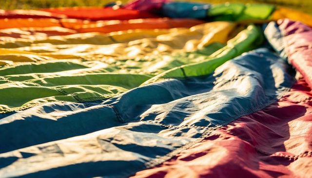 Sunlit rainbow canopy fabric draped on grass with stitched seams and textured wrinkles