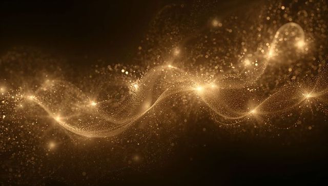 Flowing Golden Particle Ribbon Showing Luminous Nodes and Bokeh Glow, Evoking Luxury and Technology