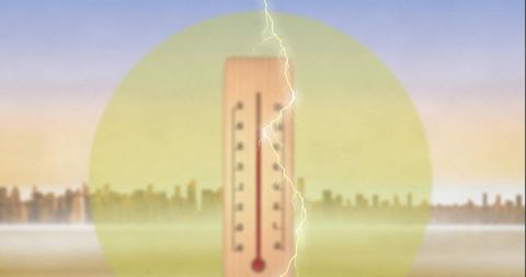 Thermometer rising over cityscape symbolizing heatwave