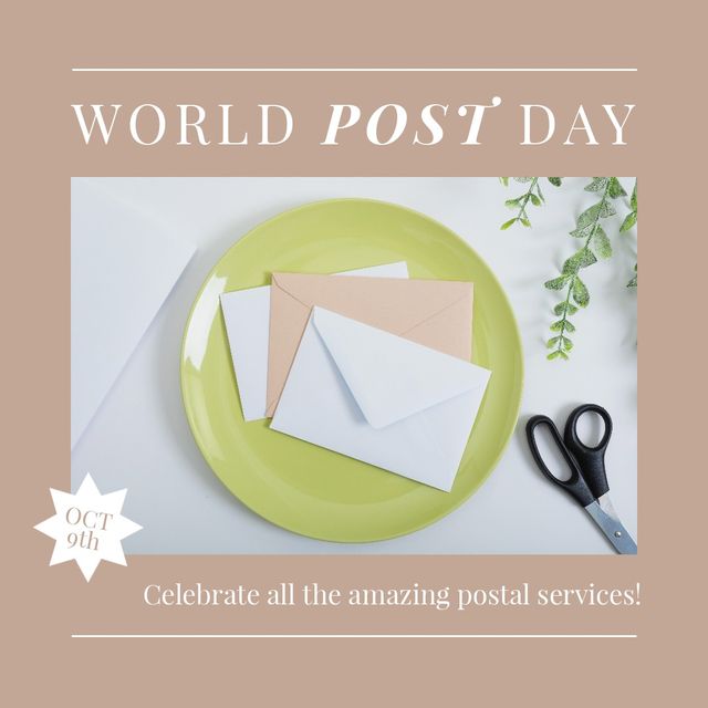 Image of world post day and green plate with envelopes and scissors. Post, mail, letters and communication concept.