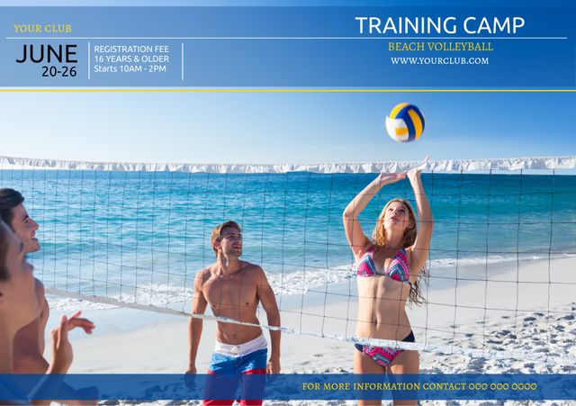 Ideal for promoting beach volleyball training camps, summer outdoor activities, team-building events, and sports clubs. Also suitable for use in marketing materials for fitness and active lifestyle events, recreational camps, and athletic training sessions.