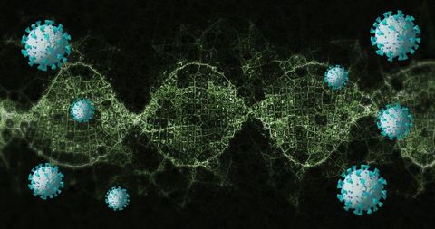 Covid-19 virus cells interacting with spinning dna strand concept
