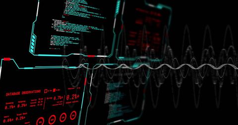 Futuristic data analysis displays with digital waveforms and codes