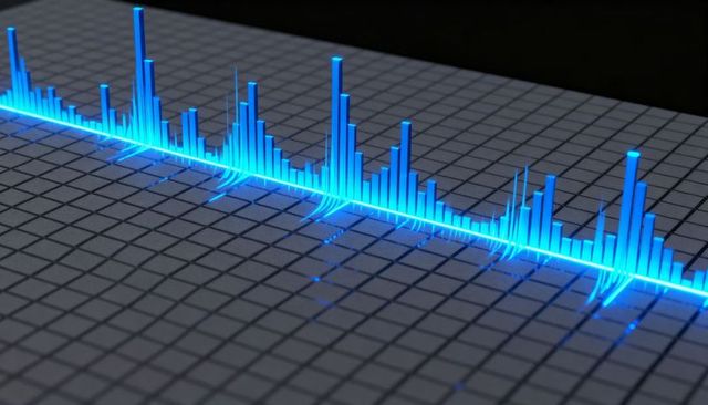 Neon blue audio waveform glowing across futuristic grid with spectrum bars and reflections
