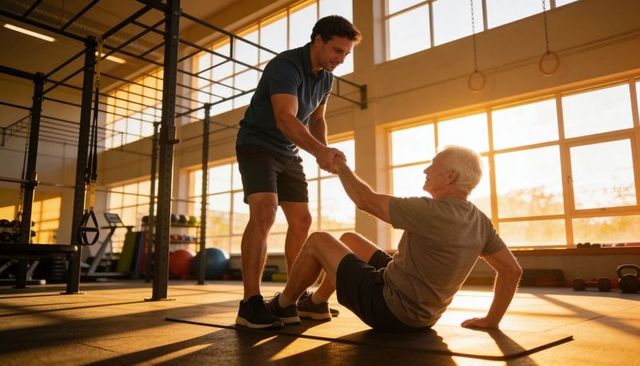 Trainer helping senior man rise during strength workout in sunlit gym