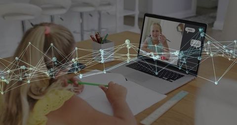 Girl Engaged in Online Learning Class Using Laptop with Visible Network Holographic Interface