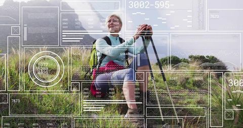 Female Hiker with Trekking Poles in Grass Hills and Digital Overlay