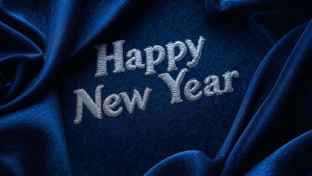 Happy New Year Embroidery on Deep Blue Velvet with Silver Thread and Rich Texture