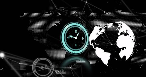 Neon Clock with World Map and Spinning Globe Illustration - Download Free Stock Images Pikwizard.com