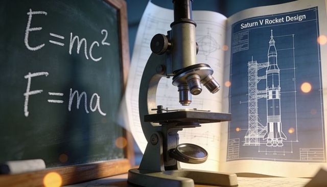 Vintage microscope highlighting scientific heritage with saturn v rocket blueprint