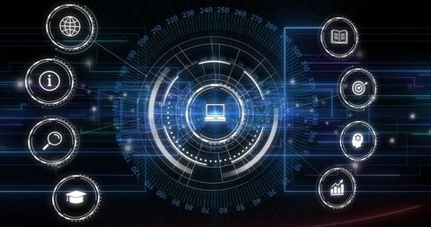 Futuristic holographic data hub featuring concentric hud, laptop icon and neon interface