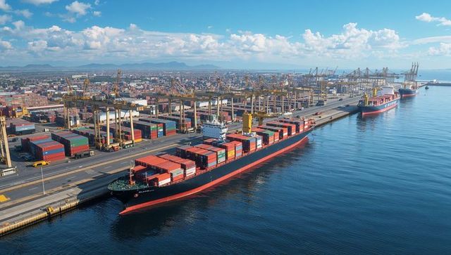 Mega container ship docking at busy port terminal loading and unloading cargo containers