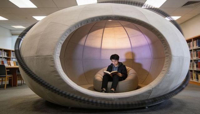 Asian student reading inside futuristic spherical study pod in library with soft lighting