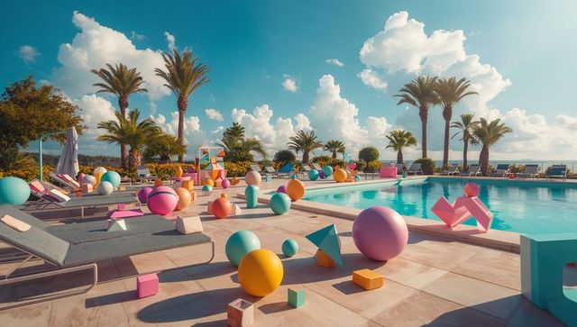 Sunlit resort poolside featuring pastel geometric sculptures, turquoise water and palm trees