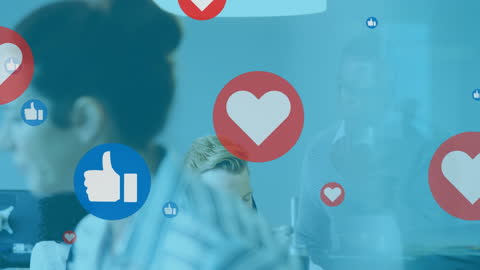 Digital Social Media Icons Overlaying Diverse Work Environment