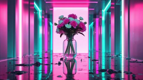 Neon Dreamscape with Glass Vase and Daisies in Futuristic Corridor