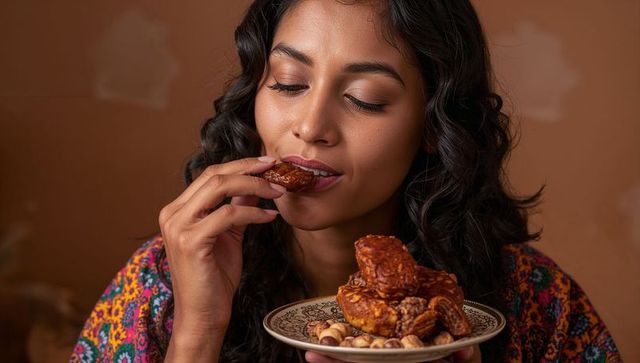 Holding ornate plate while savoring spiced pastry and hazelnuts wearing bohemian blouse