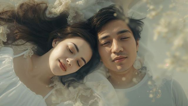 Dreamy romantic couple lying in milky bath with floating petals and soft lace