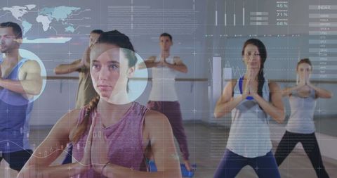 Group practicing yoga with augmented hud tracking fitness metrics and posture alignment