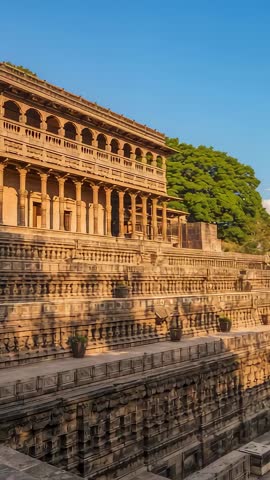 Vertical video panning revealing ancient stepwell and colonnaded palace with lush tree