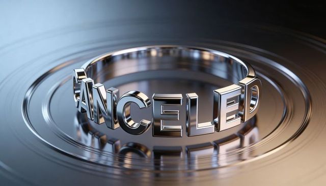 Chrome ring spelling canceled reflecting warm and cool lights on grooved metal disc