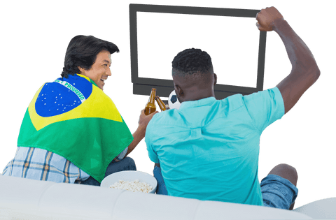 Two Soccer Fans Cheering with Transparent Television Screen