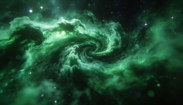 Swirling emerald nebula forming vortex of glowing gas and dust in deep space