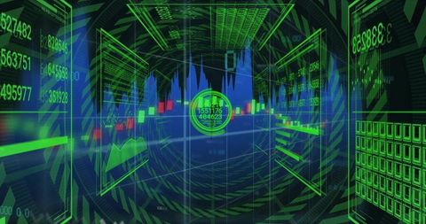 Futuristic Data Tunnel with Holographic Financial Charts