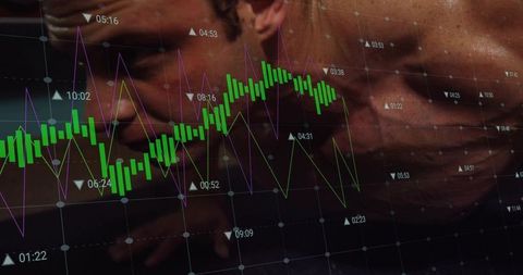 Shirtless man bracing plank while candlestick chart and data overlay convey intensity