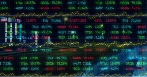 Stock data displayed against vibrant urban night traffic