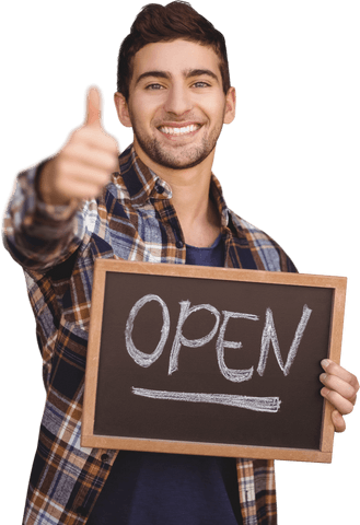 smiling man with transparent slate displaying open sign - Download Free Stock Videos Pikwizard.com