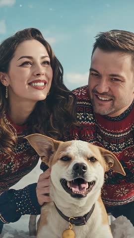 Couple Kneeling in Snow Petting Dog and Gazing Skyward in Holiday Sweaters — Vertical Video