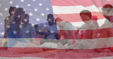 USA Flag Overlay on Diverse Friends Enjoying Beach Party
