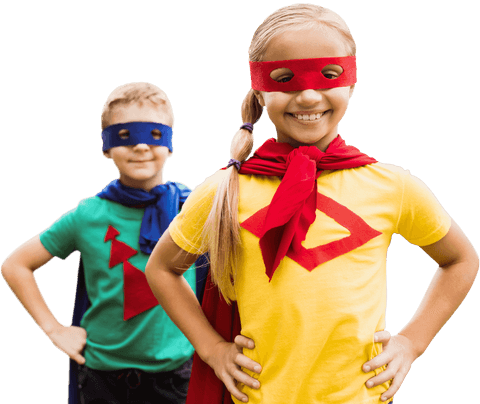 Two Smiling Children Posing in Colorful Superhero Costumes on Transparent Background