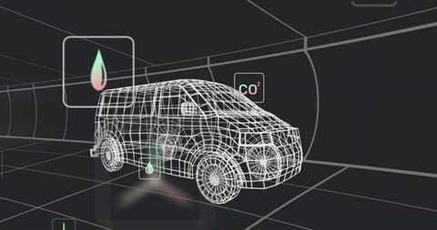 Wireframe Van in Virtual Tunnel with Energies Icons Overlay