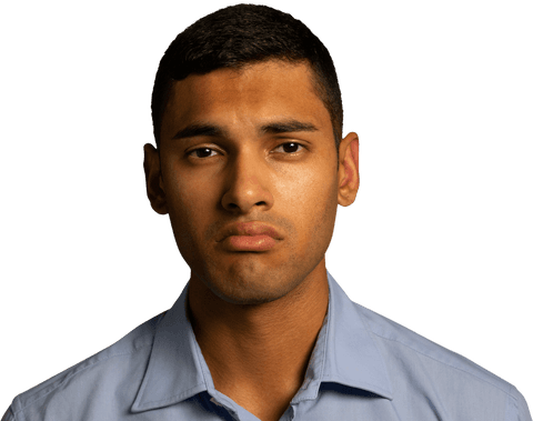 Transparent portrait of serious biracial man in blue shirt