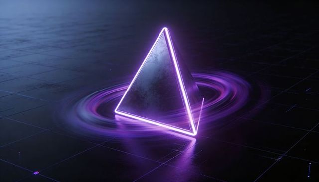 Neon tetrahedron hovering with purple energy ring on dark reflective grid