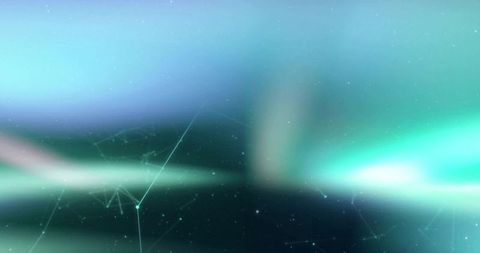 Glowing digital horizon with aurora gradient, network nodes, neon bokeh in cosmic teal