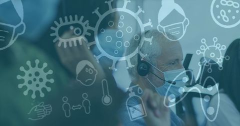 Office Colleagues Wearing Masks with Coronavirus Icons Overlay