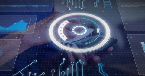 Senior man interacting with holographic HUD over smartphone displaying analytics dashboard