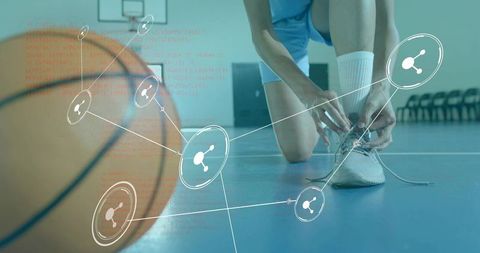 Female Athlete Tying Shoelace on Indoor Basketball Court with Sports Analytics Overlay