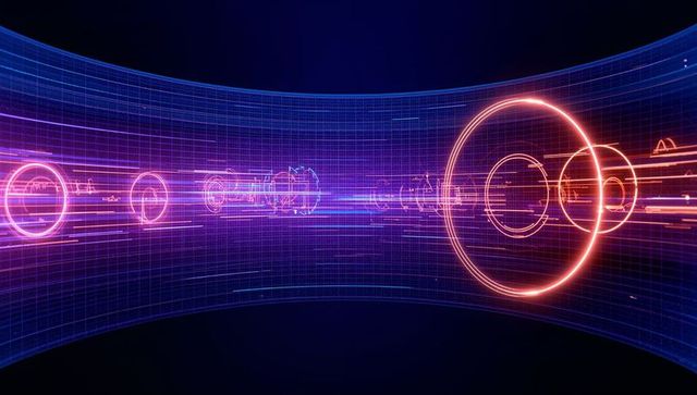 Futuristic glowing rings in a neon grid corridor