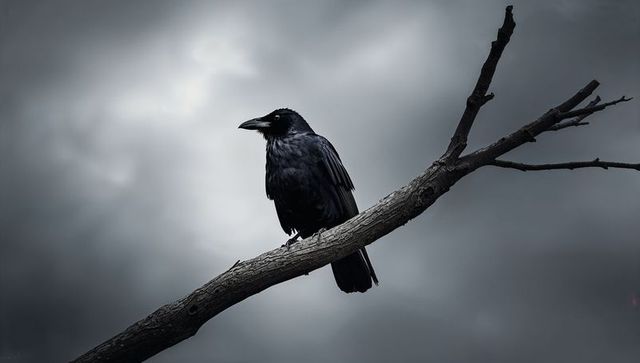 Sleek Crow Perching on Bare Branch Against Overcast Sky
