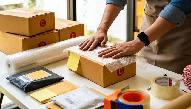 Small business packing orders at home office with bubble wrap, parcels and shipping supplies