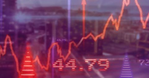 Red Line Graph Overlay on Dusk Cityscape Displaying Financial Trends